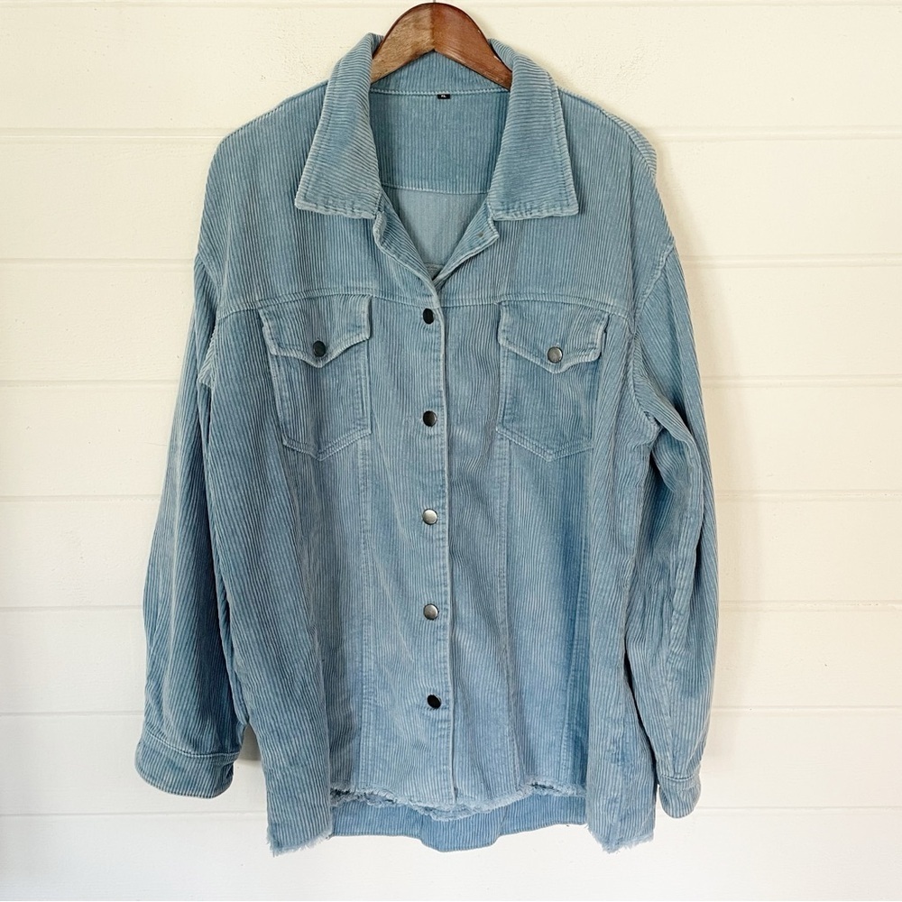 Women’s Oversized Raw Hem Blue Corduroy Jacket Size Xl